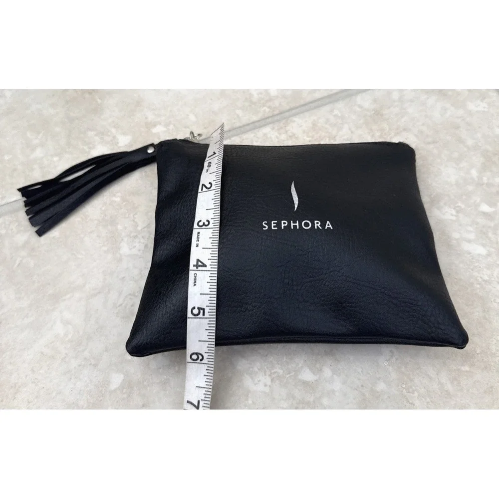 New Sephora Makeup Bag Black Faux Leather Zebra Lining Zip W/ Tassel Size Small